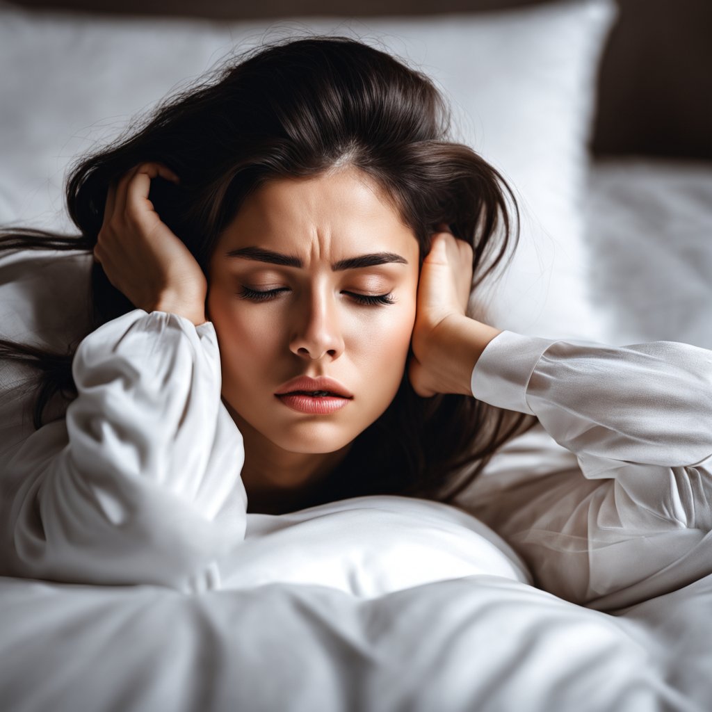 一位20岁的女生在床上躺着头疼双手抱头，眉毛皱着面部表情痛苦-豆友rv9c的文本出图-自定义创作作品