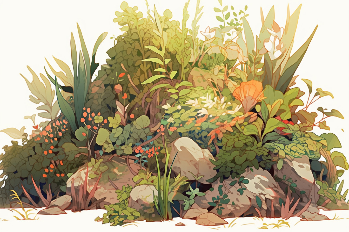 温馨，手绘插画，草丛中，小型绿植，植物，微观世界-豆友NIQA的文本出图-Midjourney模型作品