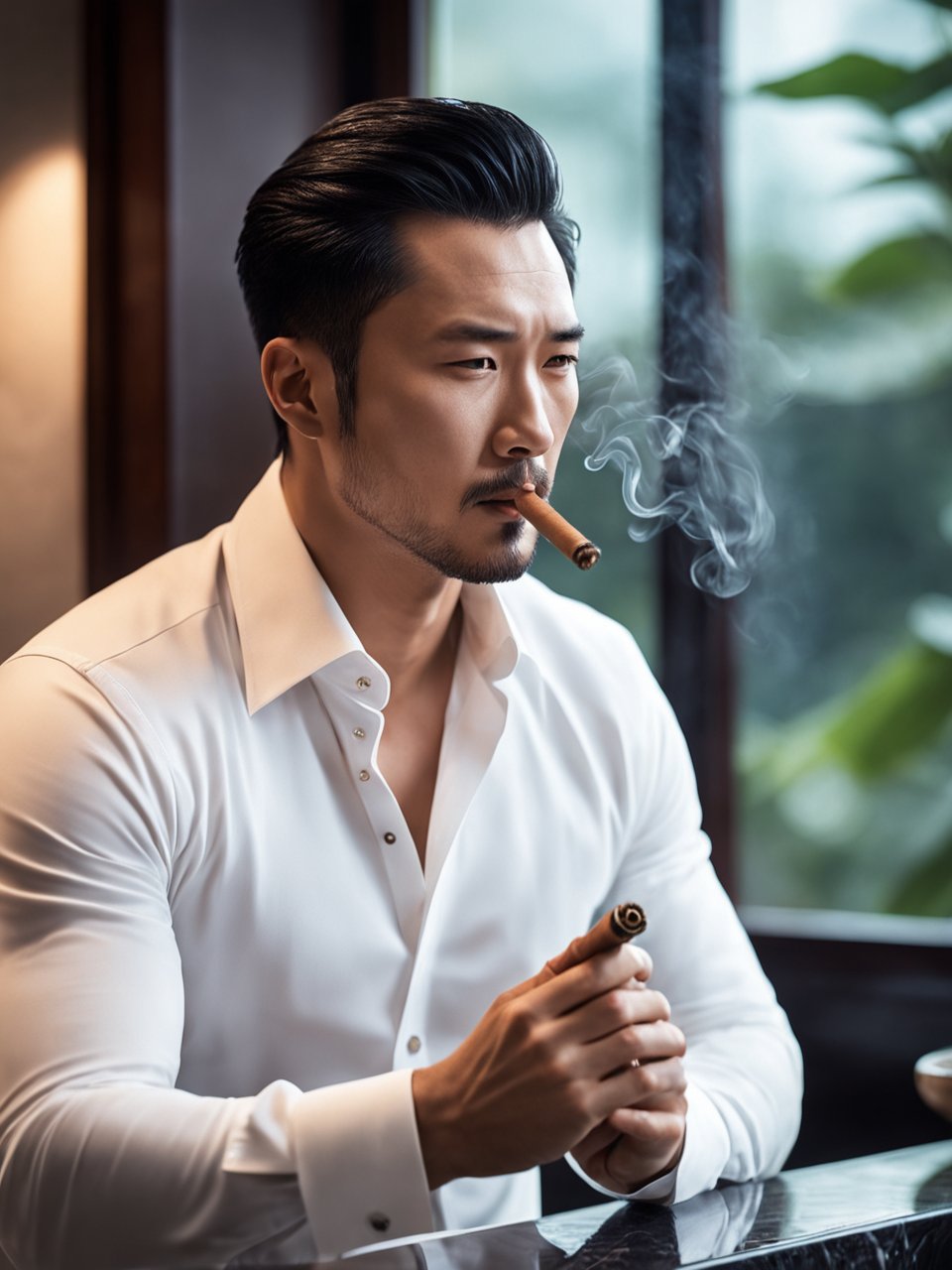 35岁中国帅气健壮男士,白色不系扣衬衫,手拿雪茄,微微低头豆友7041的文本出图自定义创作作品