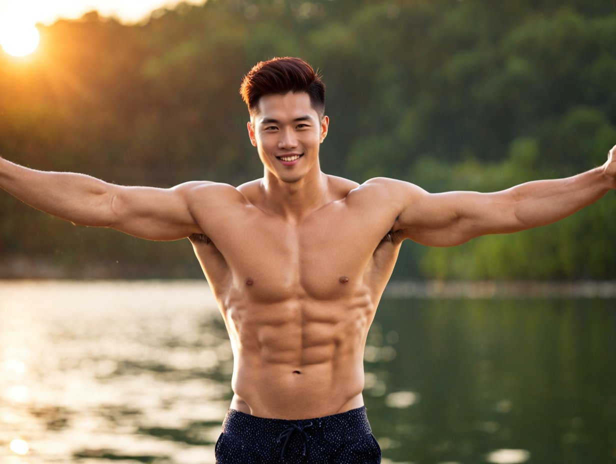 健壮的中国男模特。长焦镜头，腹部焦点，落日余晖的湖边背景。强壮，帅气，明星气质，肌肉，自信，微笑。 豆友gpsi的以图出图作品 豆绘ai 