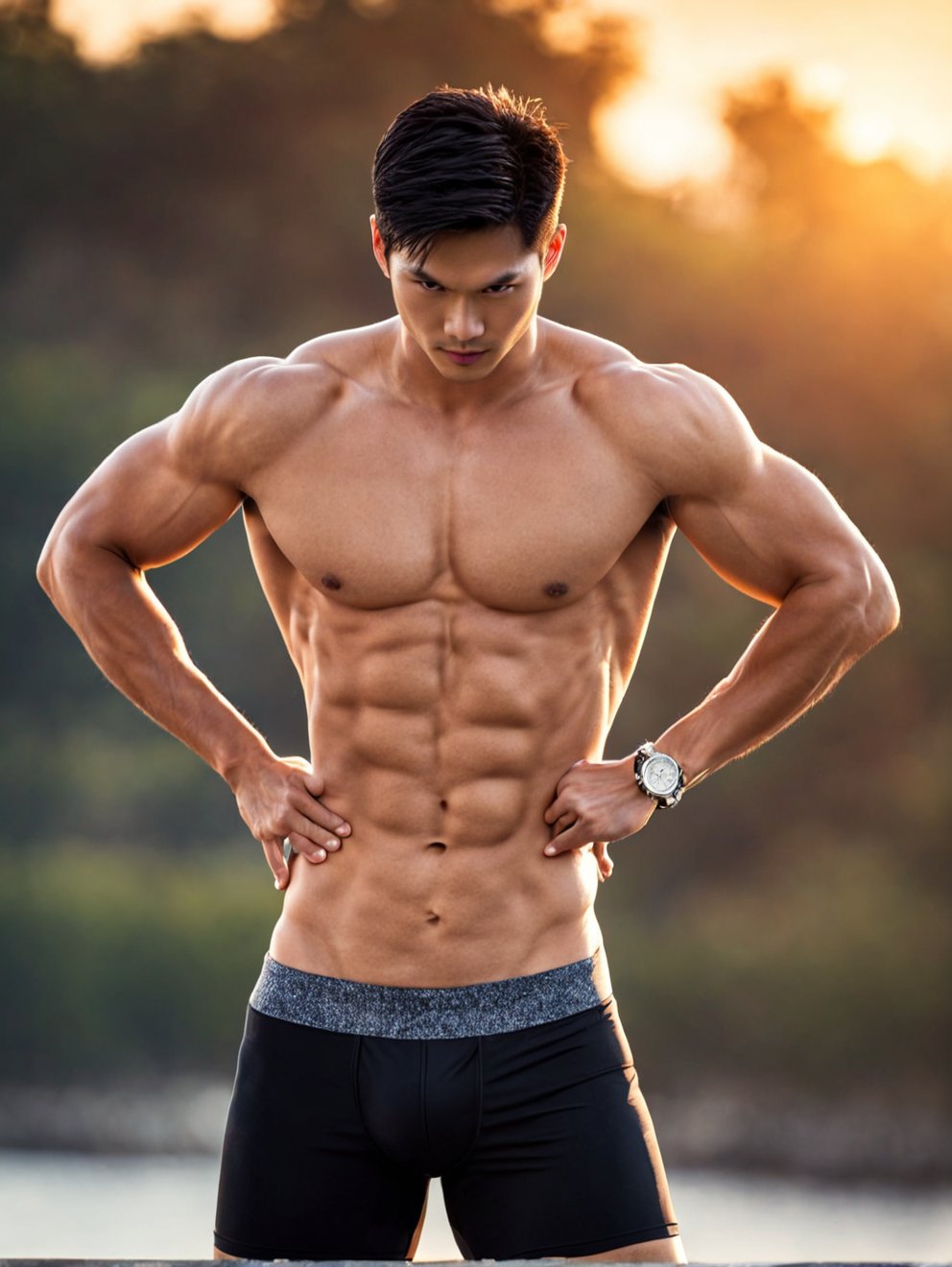 健壮的中国男模特。长焦镜头,腹部焦点,落日余晖的背景。强壮,帅气,明星气质,肌肉,自信。-豆友GpSI的以图出图-通用模式作品