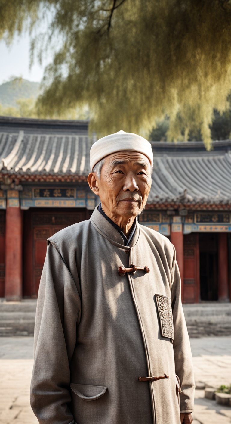 一位中国老人,在古代四合院柳树下,站立着面对镜头,注视前方-豆友_Vms的文本出图作品-豆绘AI - 专业且免费的在线AI绘图设计平台,轻松 ...
