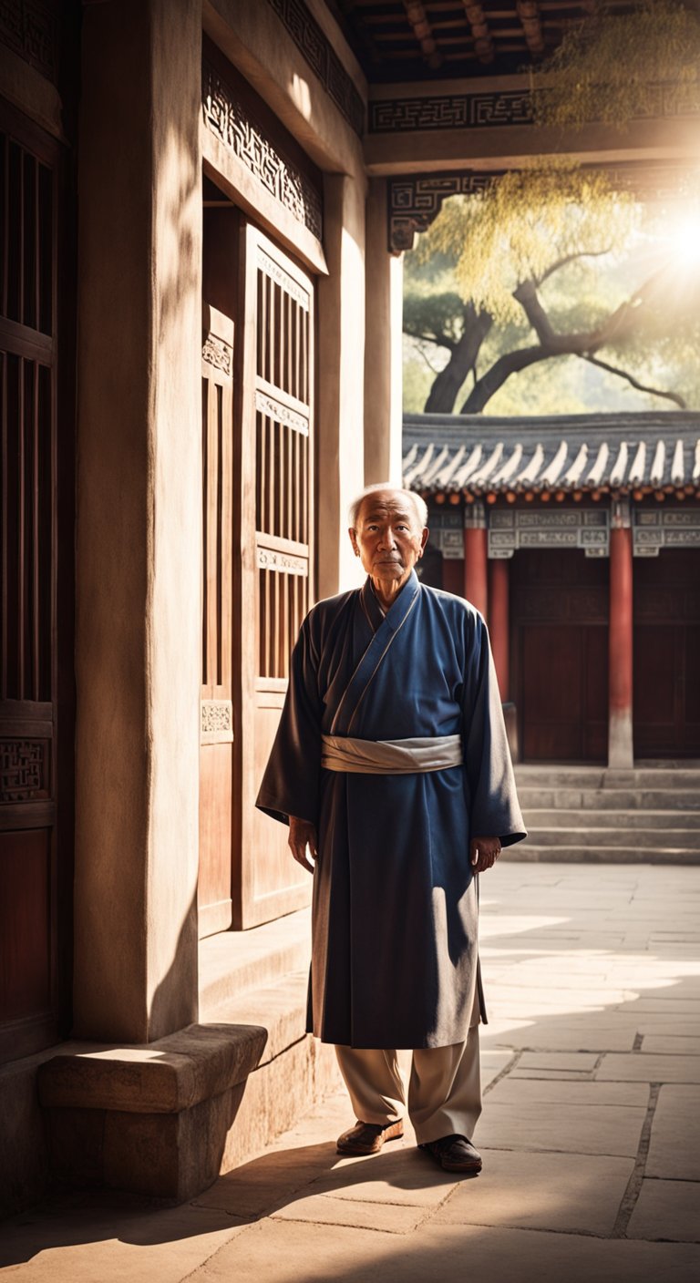 一位中国老人,在古代四合院柳树下,站立着面对镜头,注视前方,面部光线明亮充足-豆友_Vms的文本出图-自定义创作作品