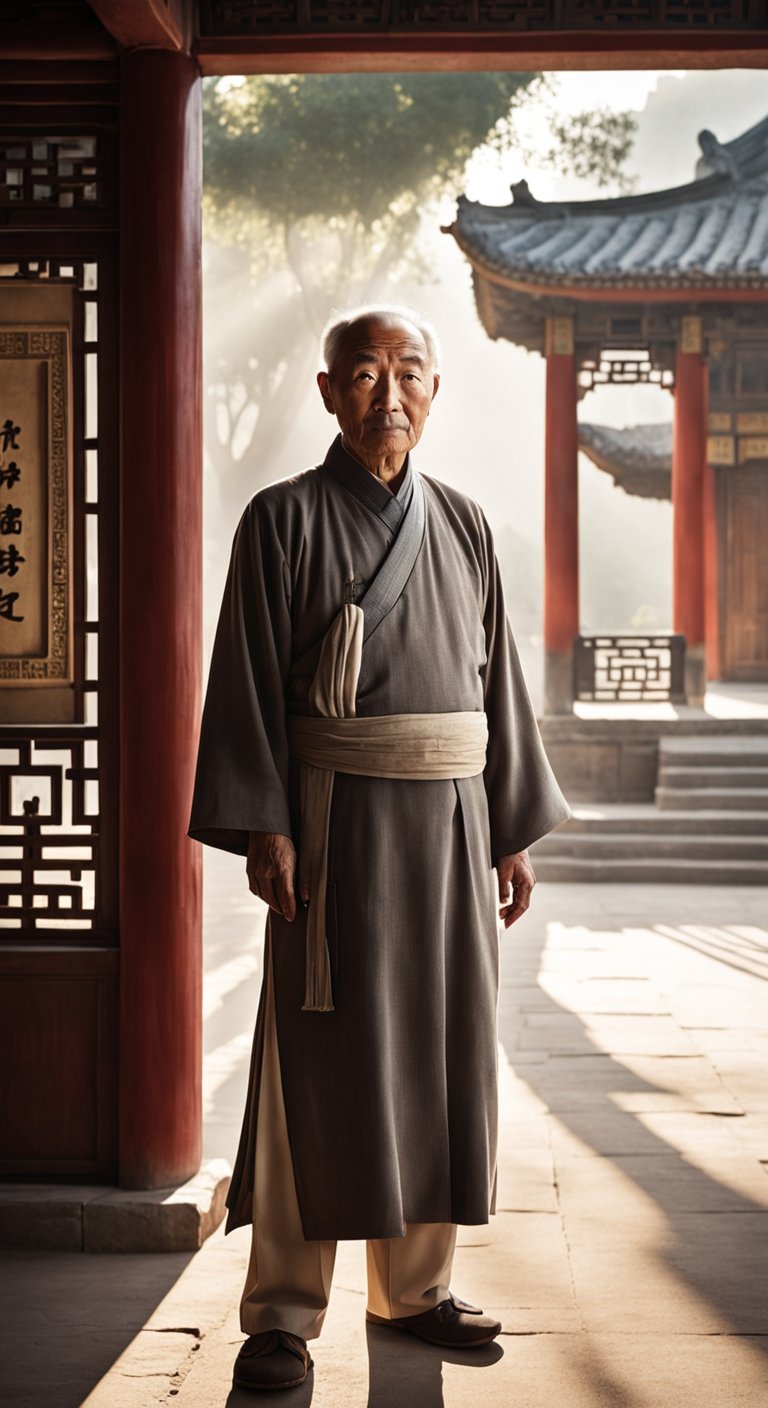 一位中国老人,在古代四合院柳树下,站立着面对镜头,注视前方,面部光线明亮充足-豆友_Vms的文本出图-自定义创作作品