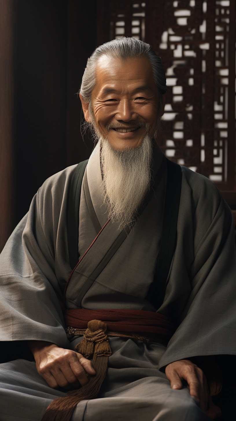 一个亚洲智慧老者,坐在红木椅上,背景大厅,半身近照,正面对着镜头,微笑,穿着灰色汉服 v -清修的文本出图-Midjourney模型作品