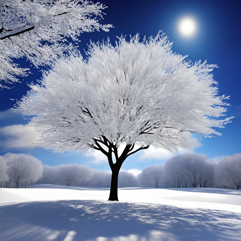 雪地，一棵雪白的树，白茫茫树枝旋转起来像在跳广场舞。-豆友hO6Y的文本出图-自定义创作作品