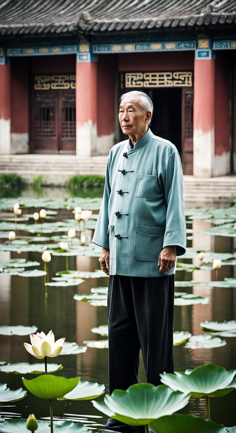 一位80岁中国老人,在古代四合院的开满荷花池塘边,站立着面对镜头,注视前方,人物皮肤清晰明亮,脸部没-豆友_Vms的文本出图-自定义创作作品