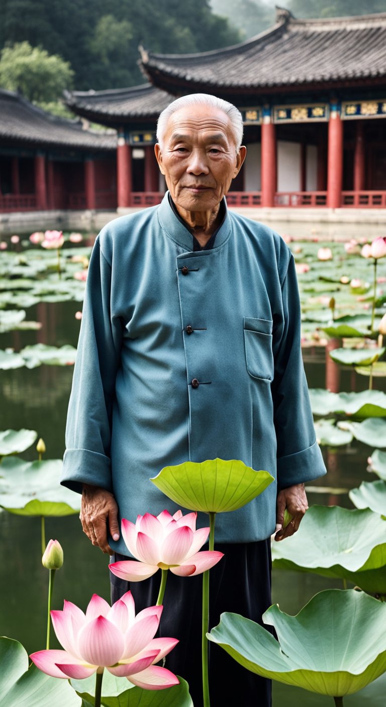 一位80岁中国老人,在古代四合院的开满荷花池塘边,站立着,身子正面对镜头,注视前方,人物皮肤清晰明亮-豆友_Vms的文本出图-自定义创作作品