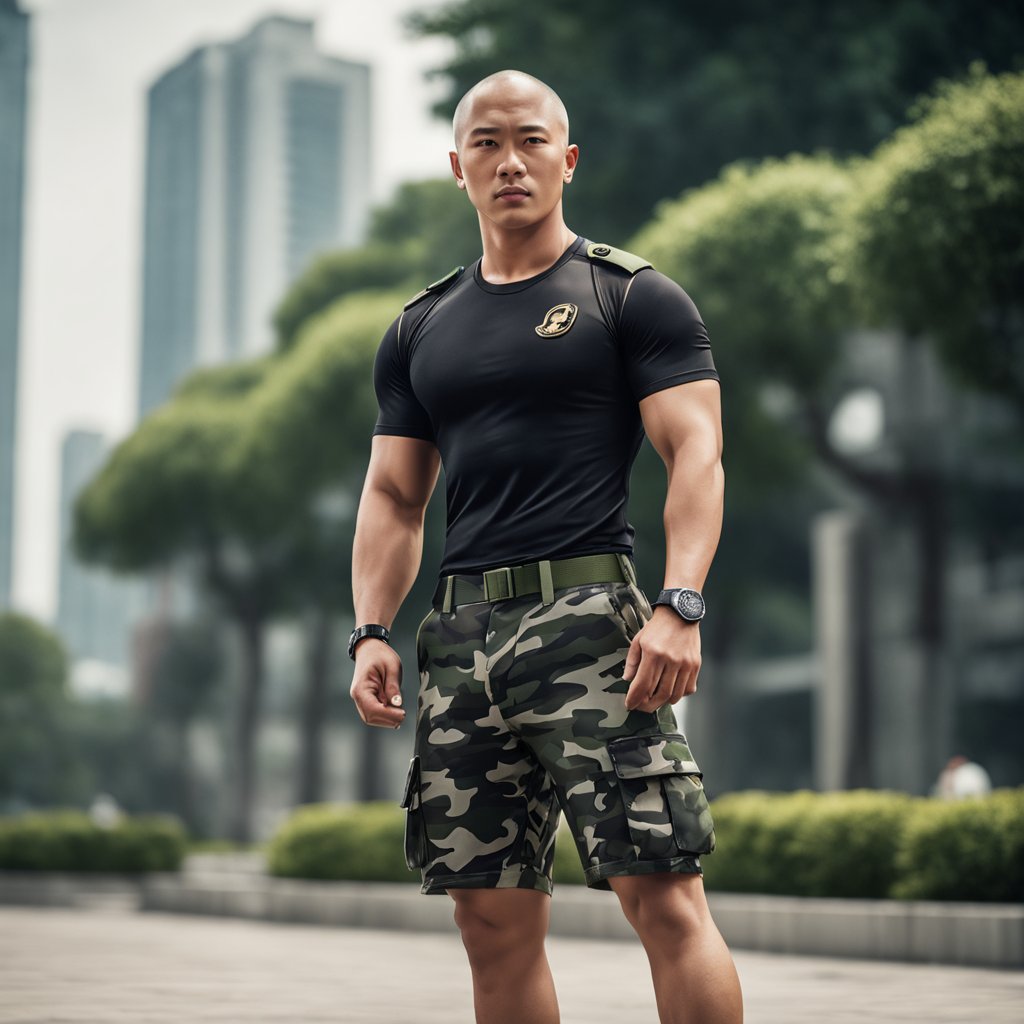 光头肌肉壮汉,中国人,军人,全身照,腹肌,迷彩短裤,健身房-豆友8074的文本出图-自定义创作作品