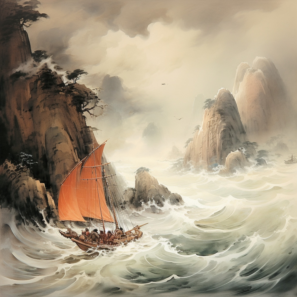 我想要一幅描绘李白《行路难·其一》中“长风破浪会有时,直挂云帆济沧海”的场景的画。画面中央是一艘巨大-豆友wuSk的文本出图 ...