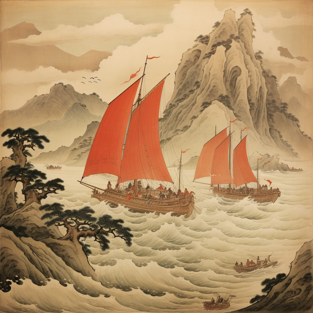 我想要一幅描绘李白《行路难·其一》中“长风破浪会有时,直挂云帆济沧海”的场景的画。画面中央是一艘巨大-豆友wuSk的文本出图 ...