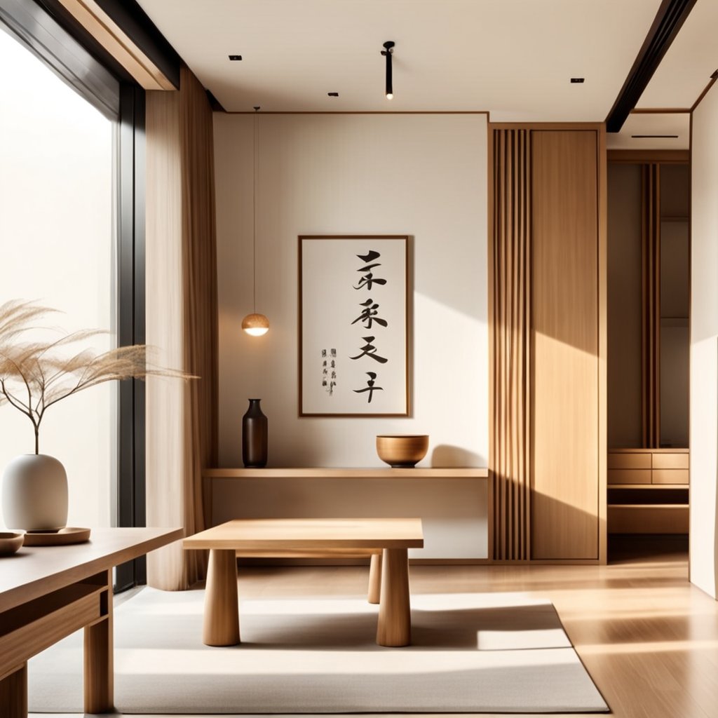 采用的新中式原木风服装展厅,石板加木板做榻榻米进门阶梯,营造了一种素雅、静谧的禅意氛围,让待在里面的-豆友ZtKY的文本出图-自定义创作作品