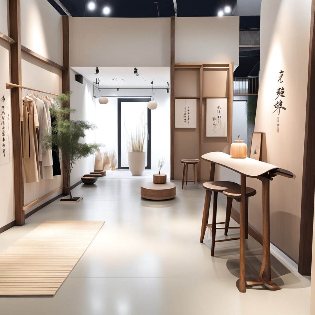 采用的新中式原木风服装展厅,石板加木板做榻榻米进门阶梯,营造了一种素雅、静谧的禅意氛围,让待在里面的-豆友ZtKY的文本出图-自定义创作作品