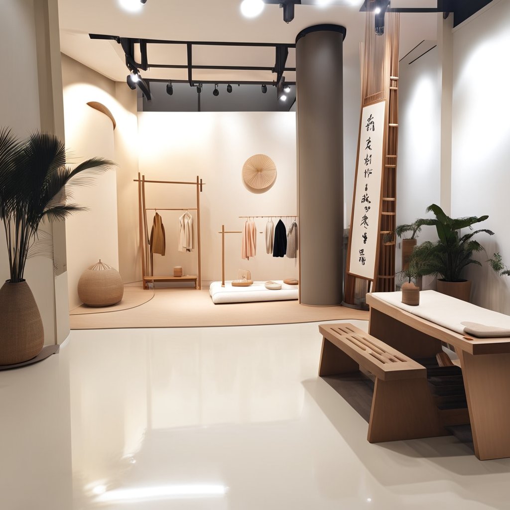 采用的新中式原木风服装展厅,石板加木板做榻榻米进门阶梯,营造了一种素雅、静谧的禅意氛围,让待在里面的-豆友ZtKY的文本出图-自定义创作作品
