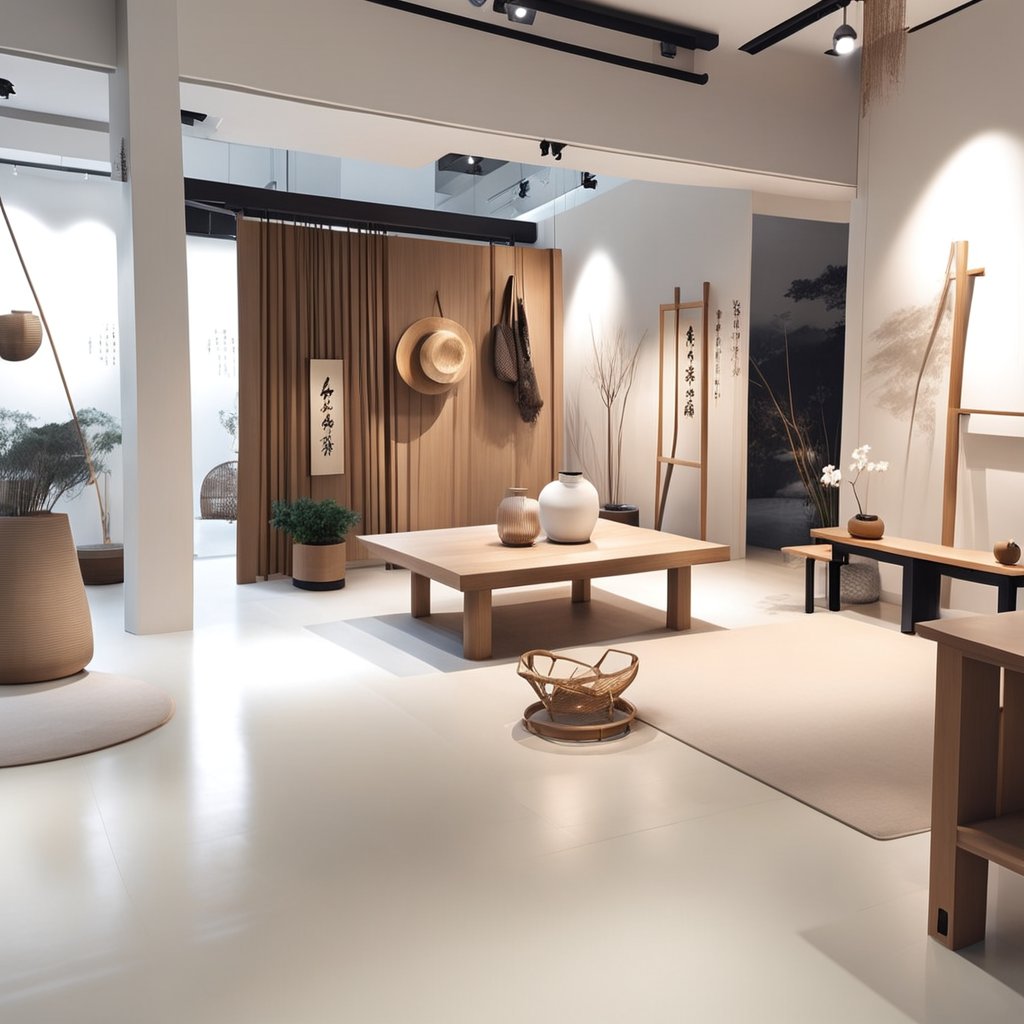 采用的新中式原木风服装展厅,石板加木板做榻榻米进门阶梯,营造了一种素雅、静谧的禅意氛围,让待在里面的-豆友ZtKY的文本出图-自定义创作作品