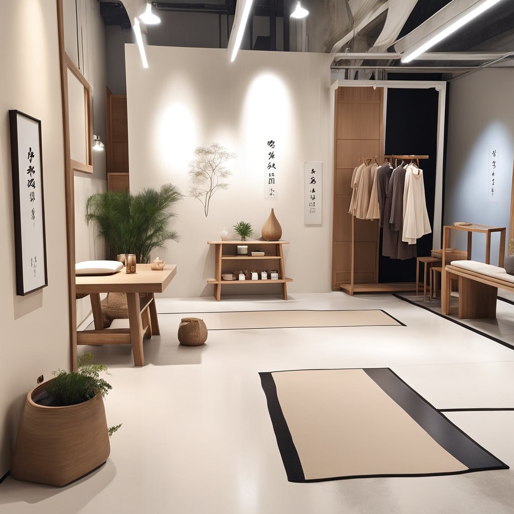 采用的新中式原木风服装展厅,石板加木板做榻榻米进门阶梯,营造了一种素雅、静谧的禅意氛围,让待在里面的-豆友ZtKY的文本出图-自定义创作作品