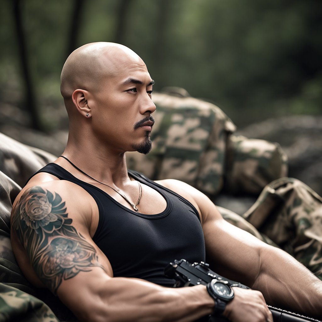 光头肌肉壮汉,中国人,军人,络腮胡,有纹身,全身照,腹肌,迷彩内裤, 溪边,躺着-豆友8074的文本出图-自定义创作作品