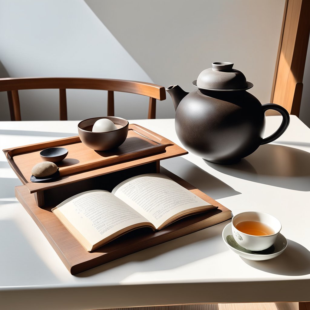 一个侘寂小茶室,茶桌,禅定主椅,茶则,一个书架子,茶器,近景,特大写,高质量,16K-豆友ZtKY的文本出图-自定义创作作品