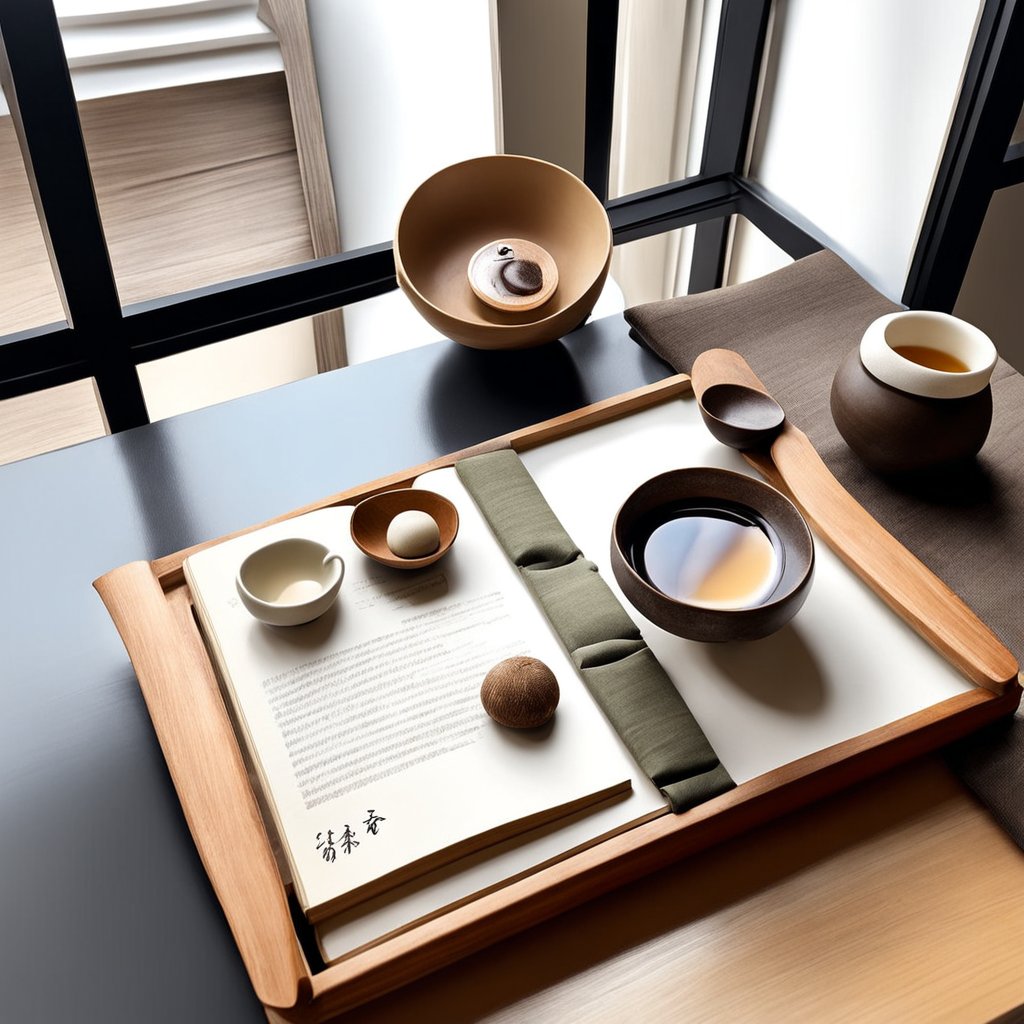 一个侘寂小茶室,茶桌,禅定主椅,茶则,一个书架子,茶器,近景,特大写,高质量,16K-豆友ZtKY的文本出图-自定义创作作品