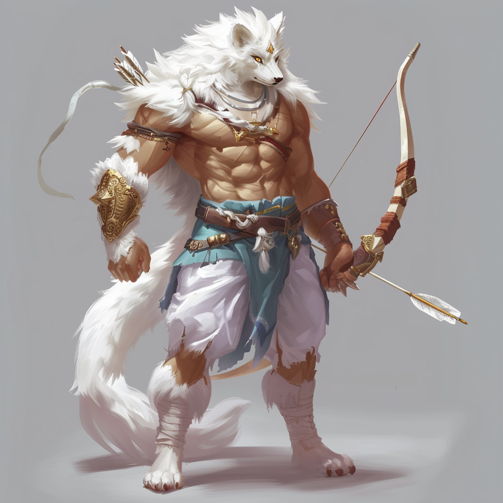 furry白狼兽人（雄兽），全身覆盖白色毛发，皮肤为纯白色，无肉色。额头上无其他装饰品和图案，纯白色-不爱画画的笨蛋的文本出图 ...