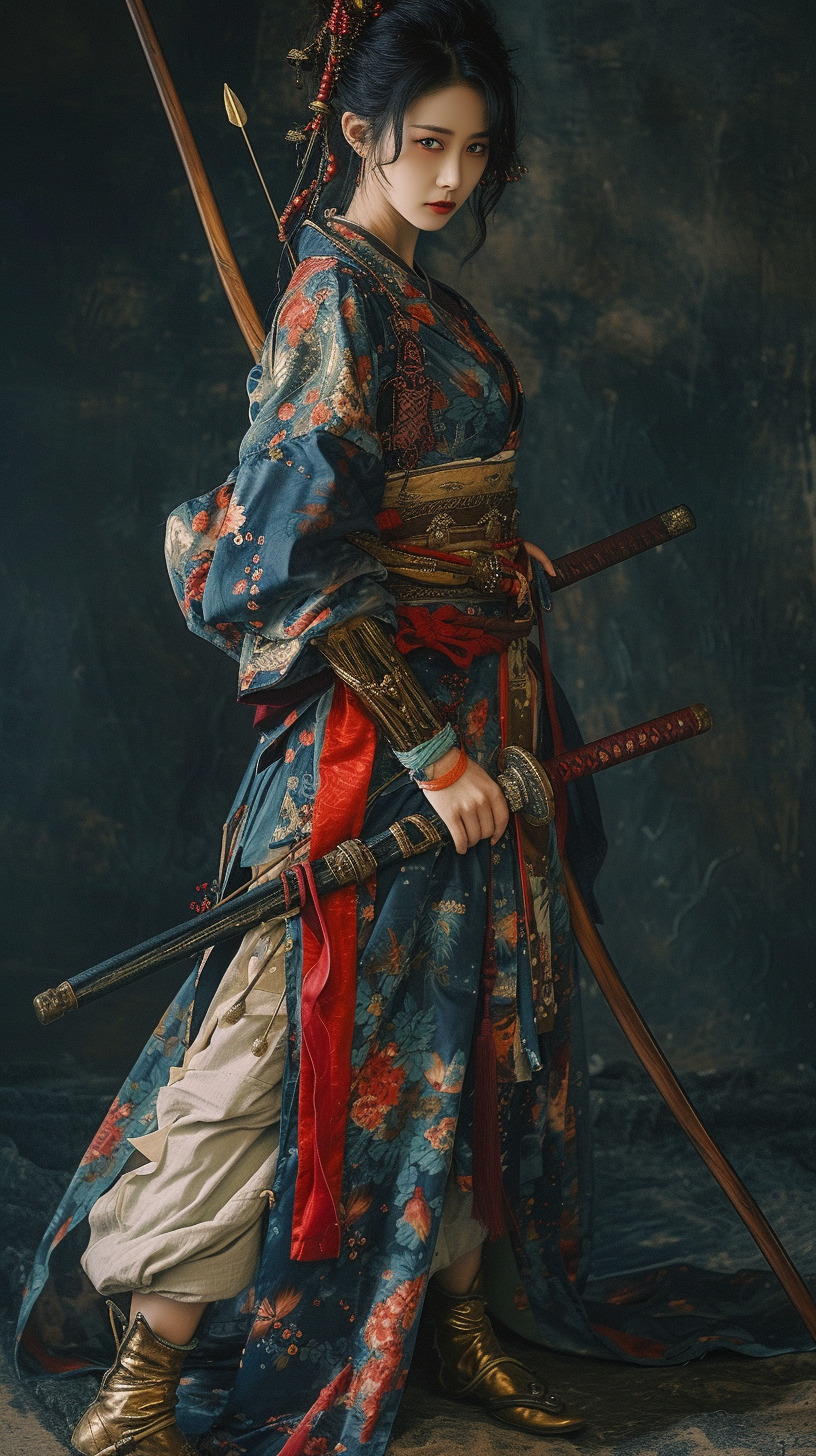 人像摄影,全身像,1个中国女孩,女武士,露一侧肩,露一只手臂,另一侧戴盔甲,单人,印花图案和服,短袖-豆友Spdo的文本出图 ...