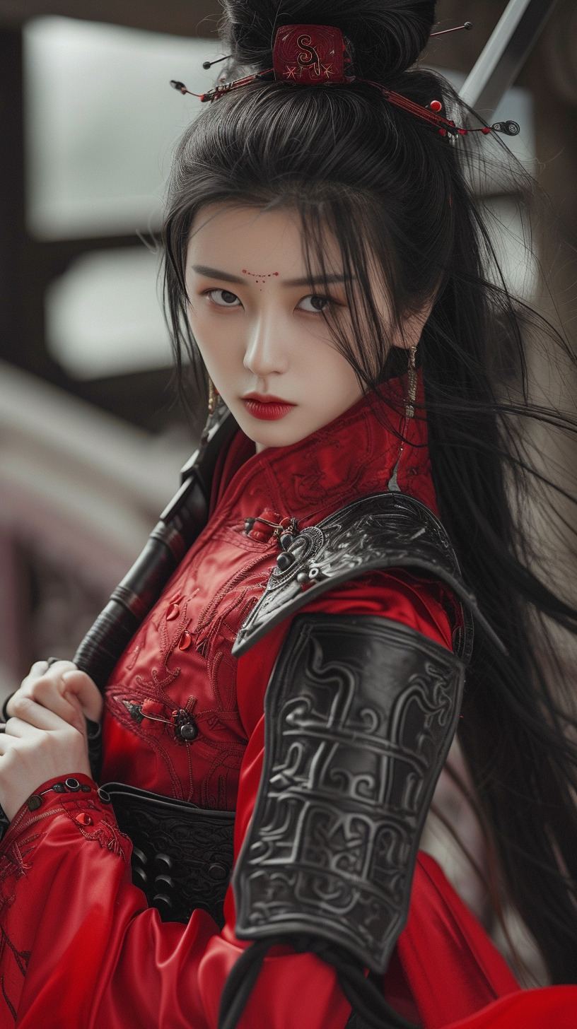 人像摄影作品,全身像,佳能1dx,1个中国女侠客,黑色长发,飘动的长发,单人,站姿,手握钢刀,耳环,-豆友Spdo的文本出图 ...