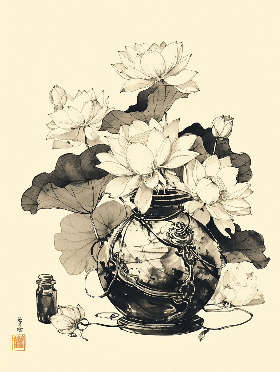 一幅中国传统白描清供图,画面上是一个青铜瓶子里插着几枝荷花和莲蓬,前面摆着两截莲藕和荸荠。线条简洁有-阿庸的文本出图-Midjourney模型作品