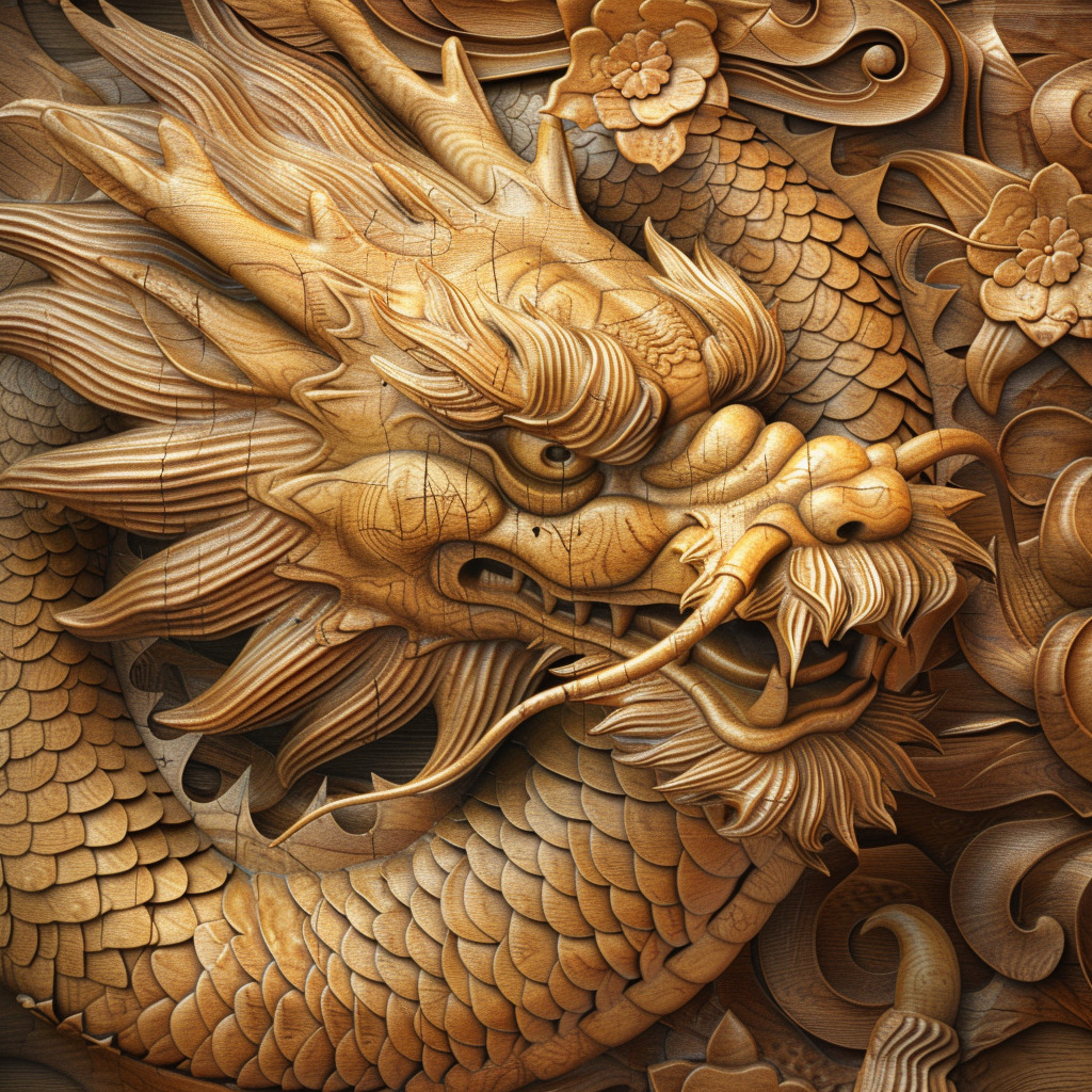 中国龙,特写,浮雕,木纹,正面,黄花梨木-Erni的文本出图-Midjourney模型作品