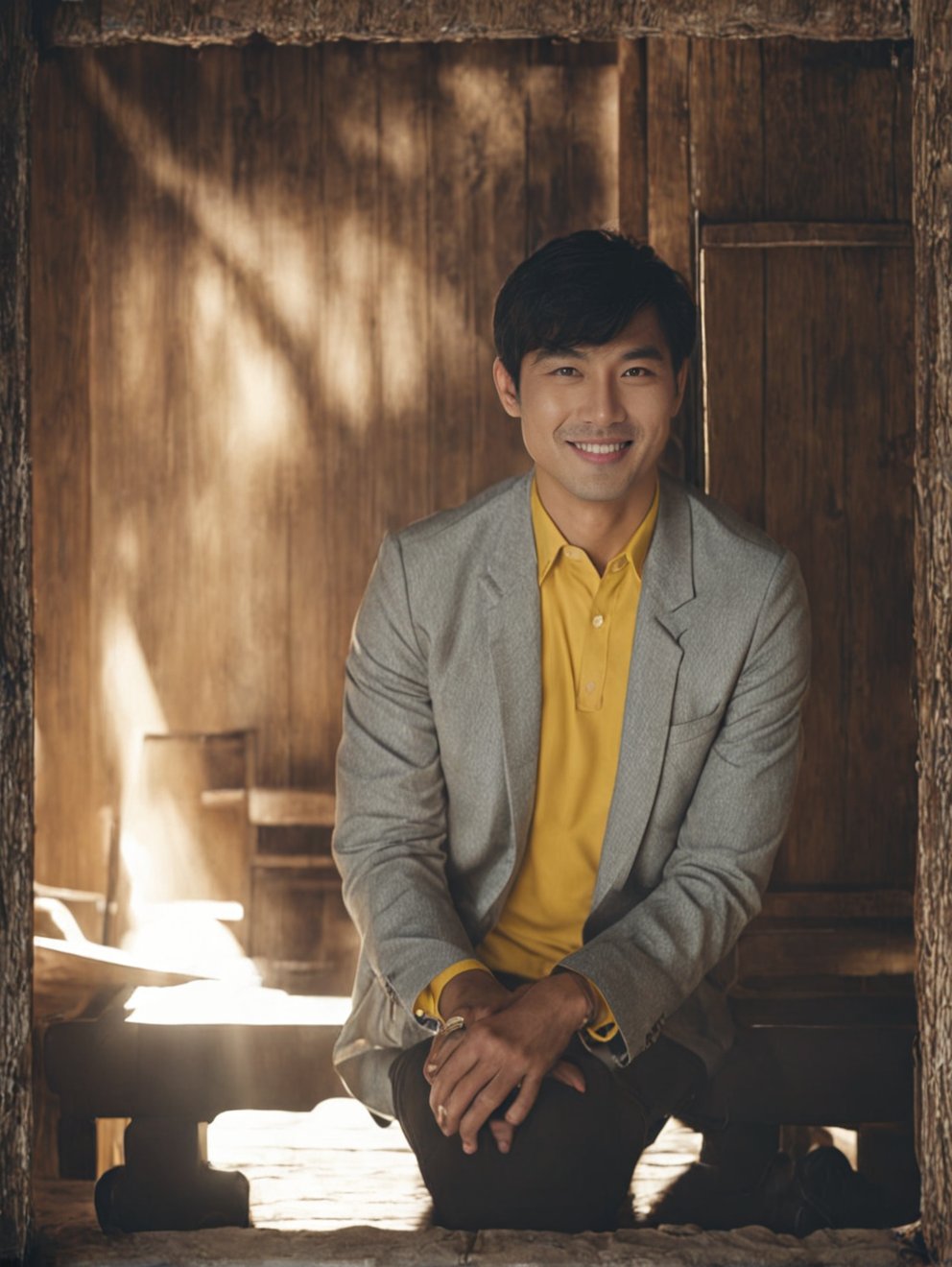 单人,1男人,男性角色,西服,黑发,微笑,面向观众,黄色毛衣,黑色西服,坐着,写实的,牛仔裤,裤子,豆友vLWI的以图出图通用模式作品