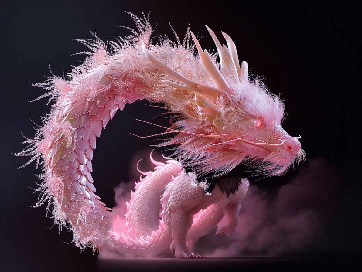 上古神兽,中国龙的龙尾,淡粉色毛茸茸的龙尾,毛发蓬松柔软,超细致肌理,超精细画面, 3d 渲染, o-豆友1608的局部修改作品