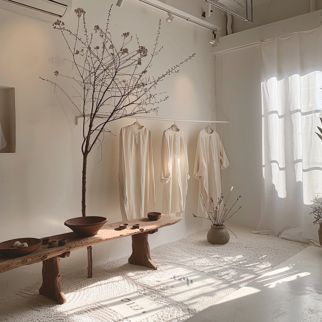 韩国服装店铺,展示品牌Ounce,纯棉女装系列,浅色,特大写,侘寂风,超大空间,白墙,地上铺着白色小-豆友ZtKY的文本出图 ...