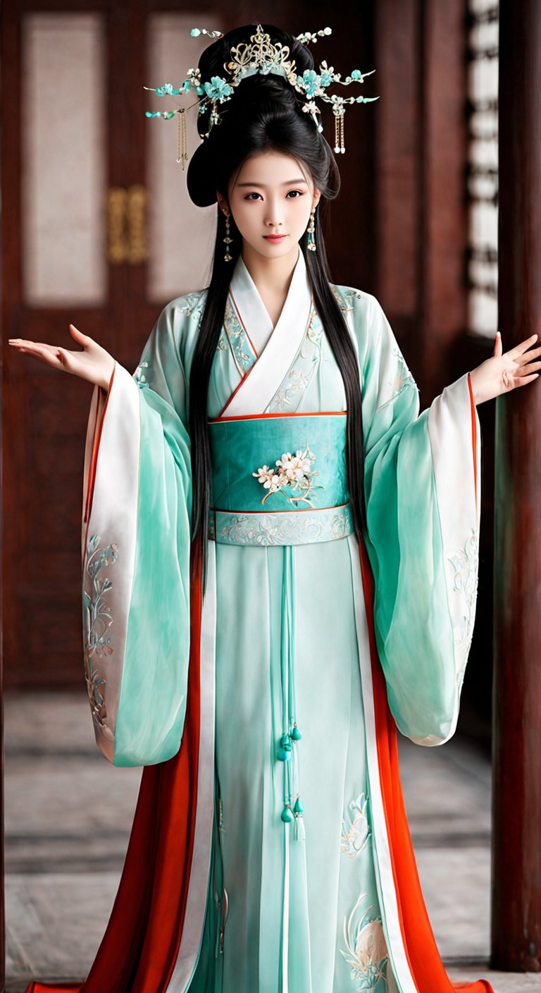 性别：女；年龄：20岁左右；场景：在宫庭大殿；穿着：古代宫庭皇后服装；其它：中国古代美女之一的唐朝的-豆友m1FQ的文本出图-自定义创作作品