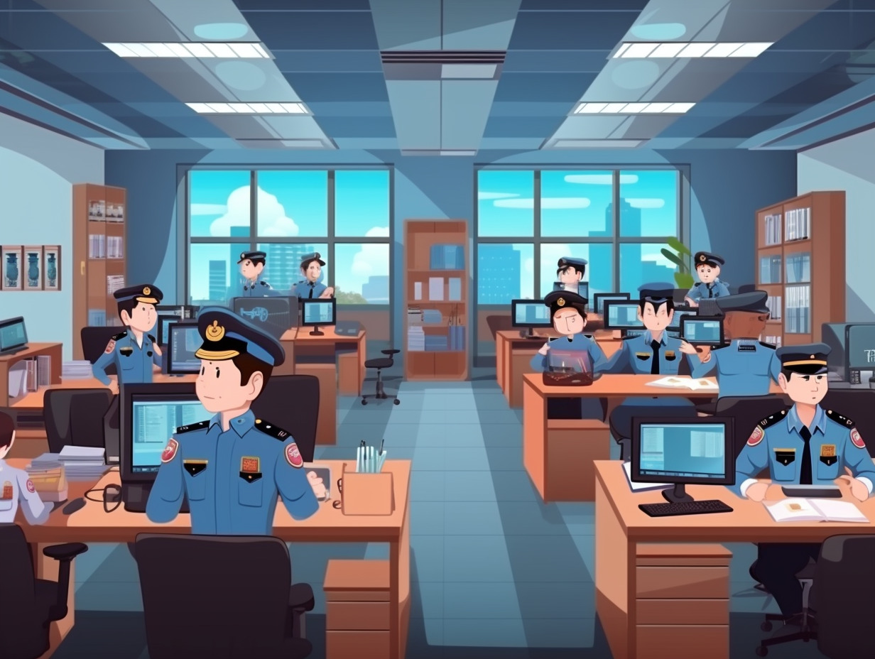 中国警察, 工作中的办公室, 很多警察坐在办公室正在工作中, 全景图, 卡通风格 -豆友gEbA的文本出图-Midjourney模型作品