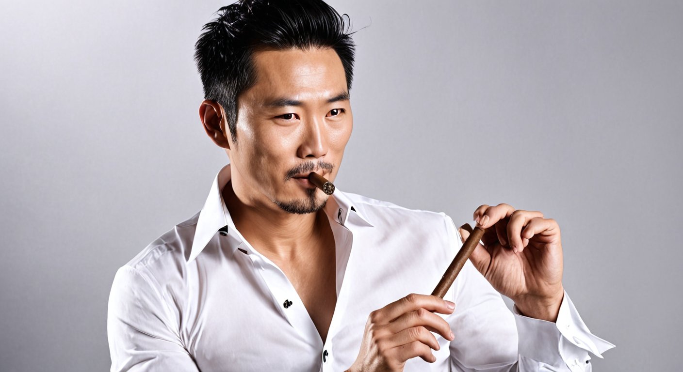 35岁中国帅气健壮男士,白色不系扣衬衫,手拿雪茄,微微低头豆友UTLc的文本出图自定义创作作品