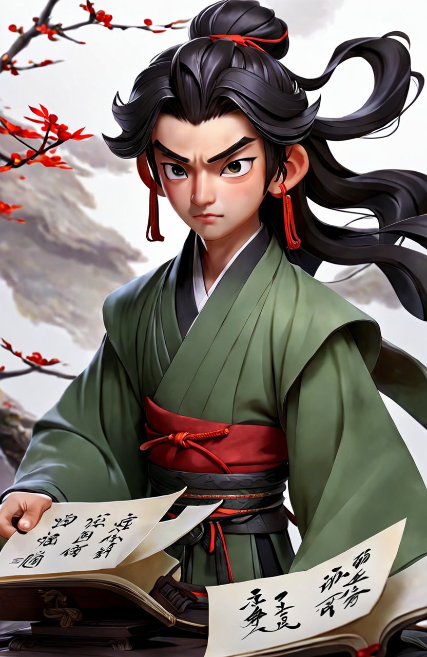 中国古代男性，单人,纸,黑发,汉服衣服,长发,1男孩,男性角色,双手托着卷轴,长袍,长袖,宽袖,站立-豆友ATTw的文本出图-自定义创作作品