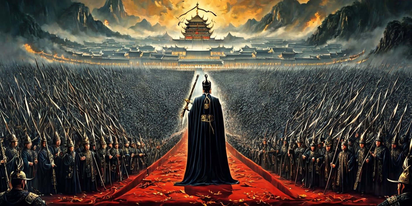 西楚霸王项羽长得像帝王,手持霸王三叉戟,眼睛是重瞳,在乌江杀了300多人,在尸体上自刎-豆友rB1k的文本出图-自定义创作作品