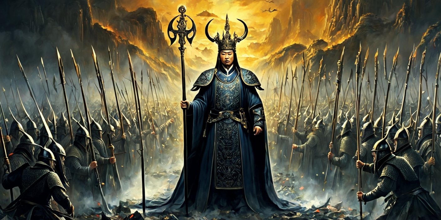 西楚霸王项羽长得像帝王,手持霸王三叉戟,眼睛是重瞳,在乌江杀了300多人,在尸体上自刎-豆友rB1k的文本出图-自定义创作作品