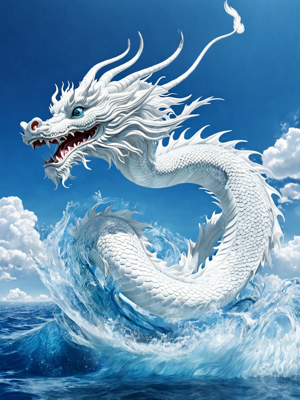一片蓝色的海洋,海洋上面飘着一个白色半透明的中国龙,蓝色天空,没有一片云朵,超现实主义,逼真细节,相-木木的文本出图-自定义创作作品