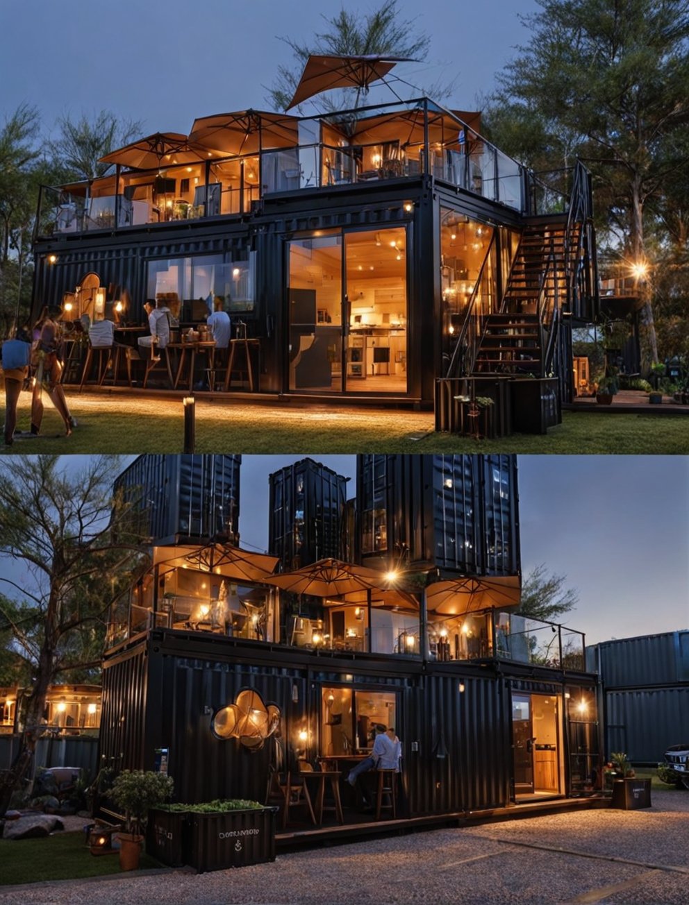黑褐色集装箱外观房屋露营地,街区,夜晚,灯,草地-豆友MTvw的以图出图-通用模式作品
