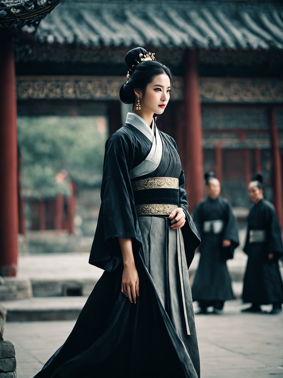 中国古代绝世美女,五官比例完美,黑色长裙,冷艳,尊贵,五官完美,身材苗条,真人,全身-聆夜者的文本出图-自定义创作作品
