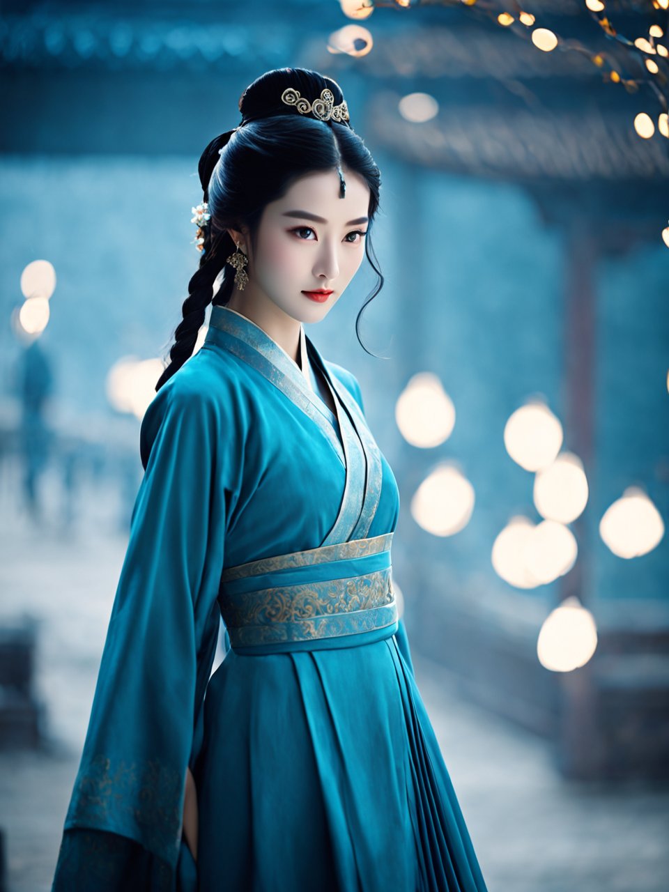 中国古代绝世美女,五官比例完美,蓝色长裙,冷艳,尊贵,五官完美,身材苗条,真人,全身-聆夜者的文本出图-自定义创作作品