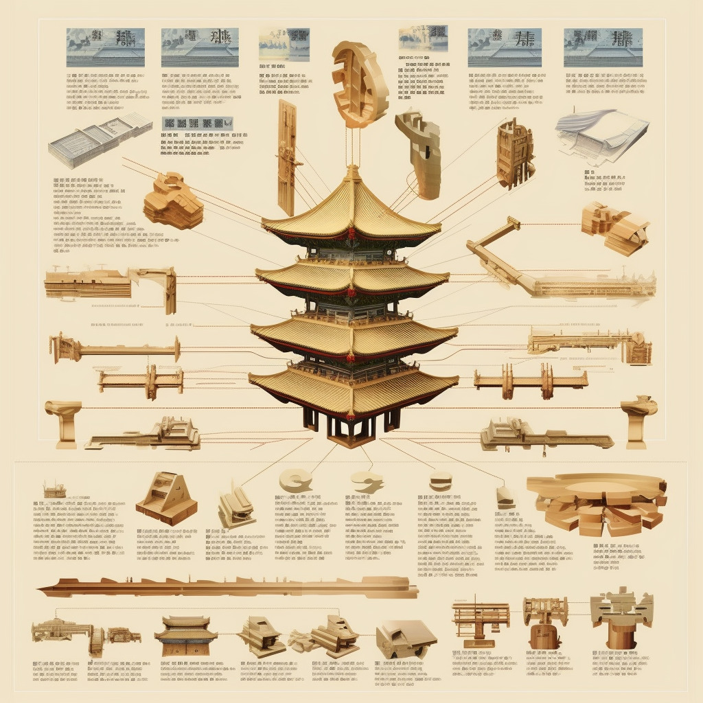 以传统文化“榫卯结构”为主题的信息可视化海报,画面左下有中国古建筑代表性建筑——天坛,以天坛为主体延-豆友6070的文本出图 ...