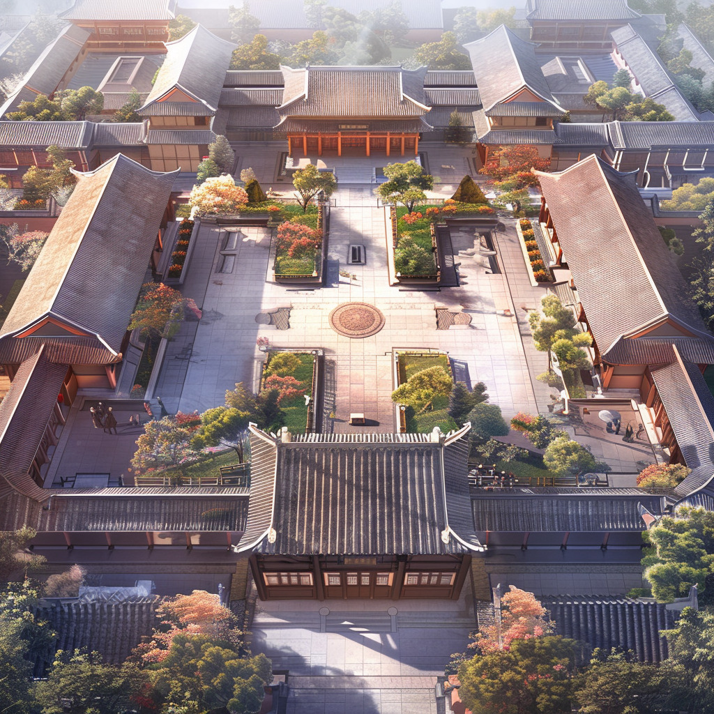 院落布局:以院落为中心,周围环绕着建筑。 传统风格:体现中国传统建筑的特色,如屋顶形式、门窗样式等-Erni的文本出图-Midjourney模型作品