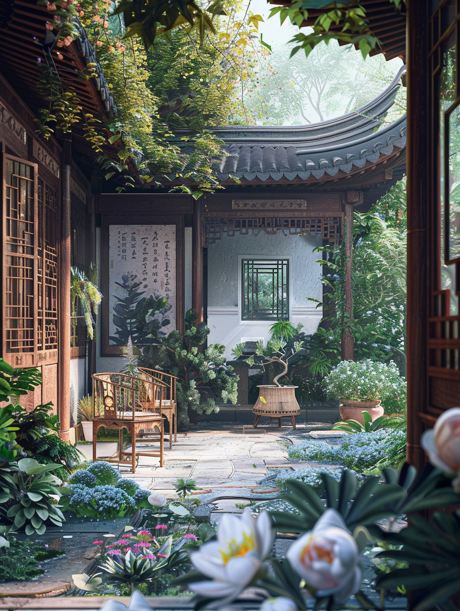 在中国南方的古典宅院中，牵牛花、海棠花、铃兰、并蒂玫瑰、玉兰花、薰衣草、小雏菊、格桑、吊钟花、梧桐树-幕后导演的文本出图-Midjourney模型作品