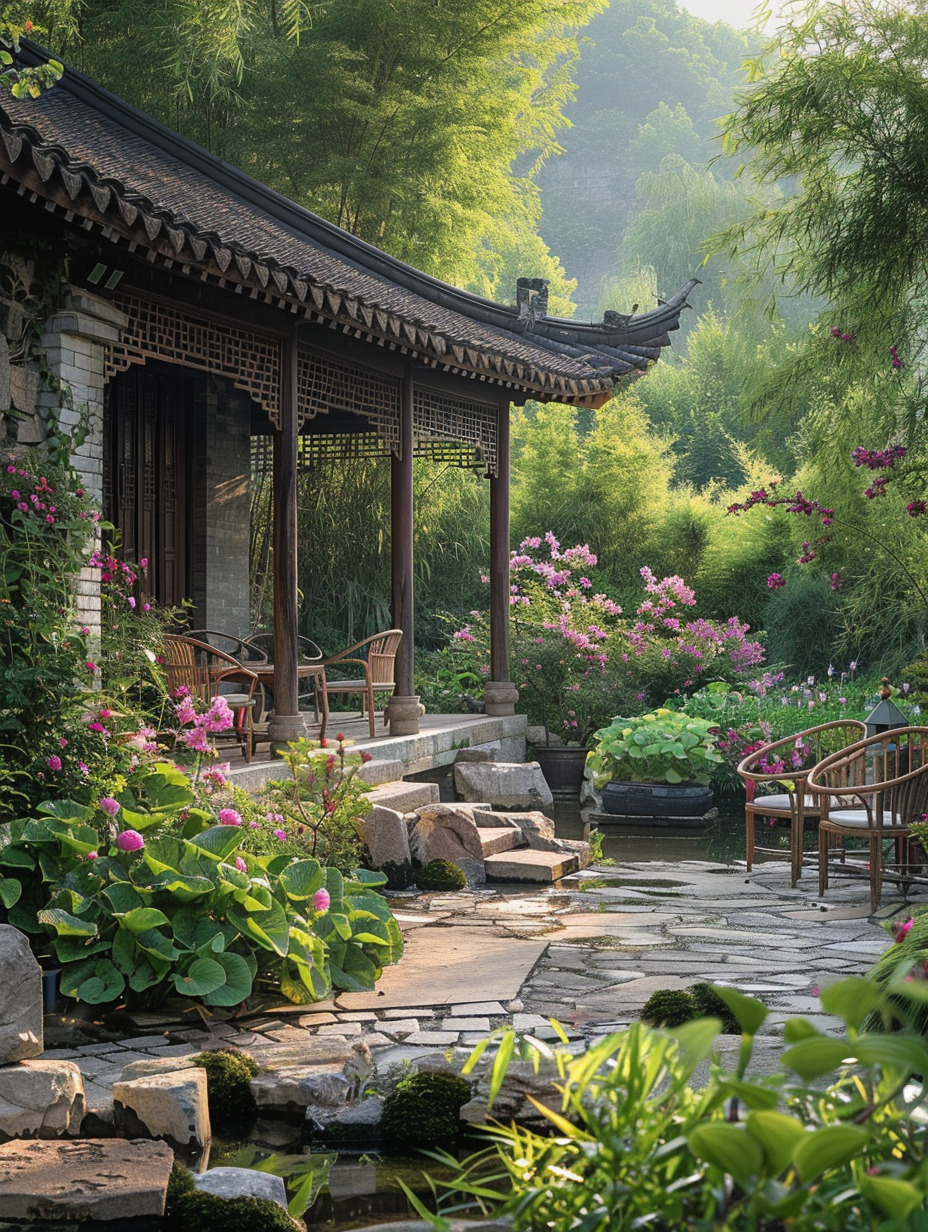 在中国南方的宅院之中，牵牛花、海棠花、铃兰、并蒂玫瑰、玉兰花、薰衣草小雏菊、格桑花、垂吊金钟、梧桐树-幕后导演的文本出图-Midjourney模型作品