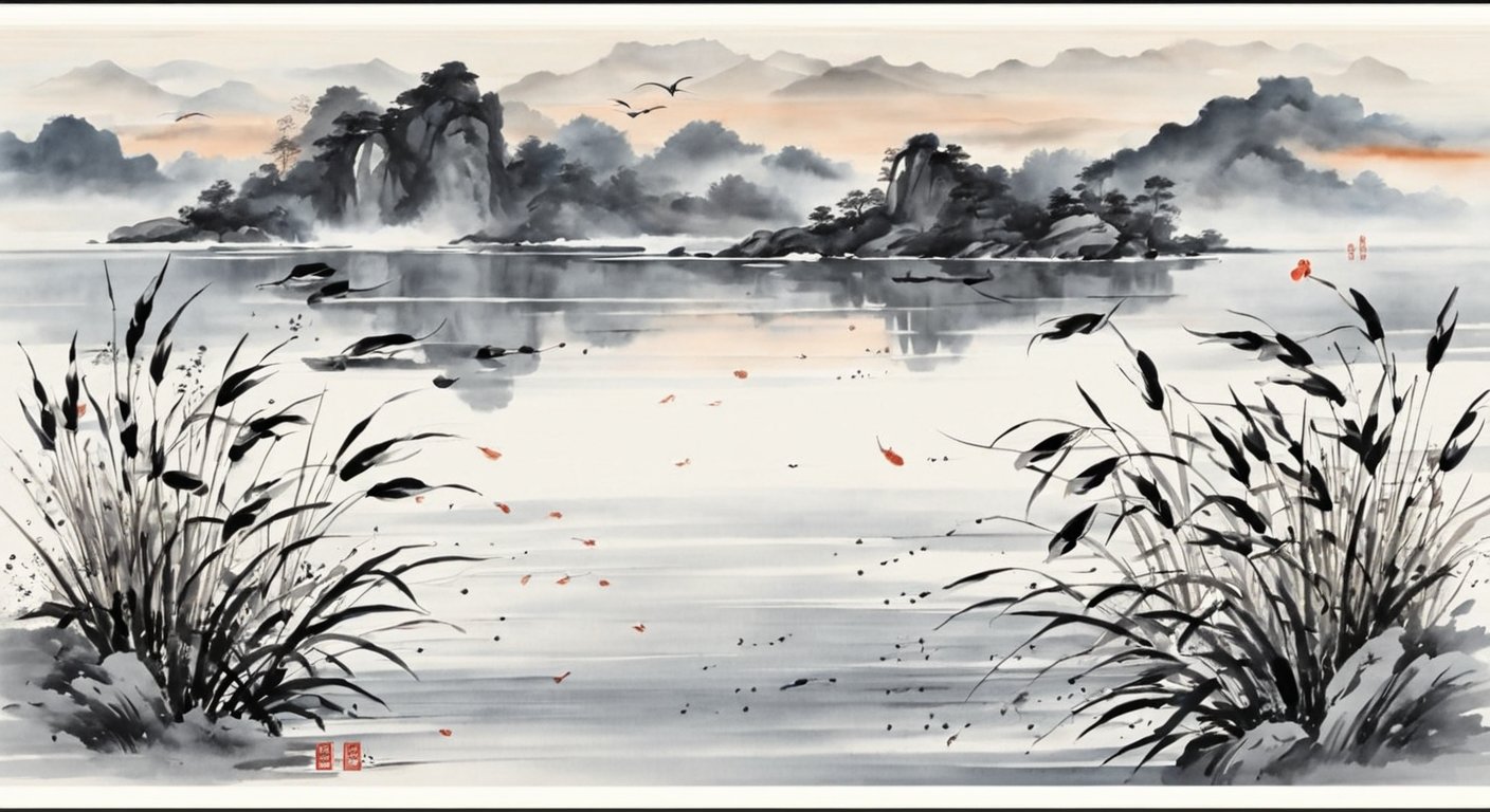 一幅画,水墨画,山水画,苗画,“请创作一幅仿照齐白石画虾风格的水墨画。画面中央,背景以简洁的水墨晕染-豆友XES4的文本出图-自定义创作作品