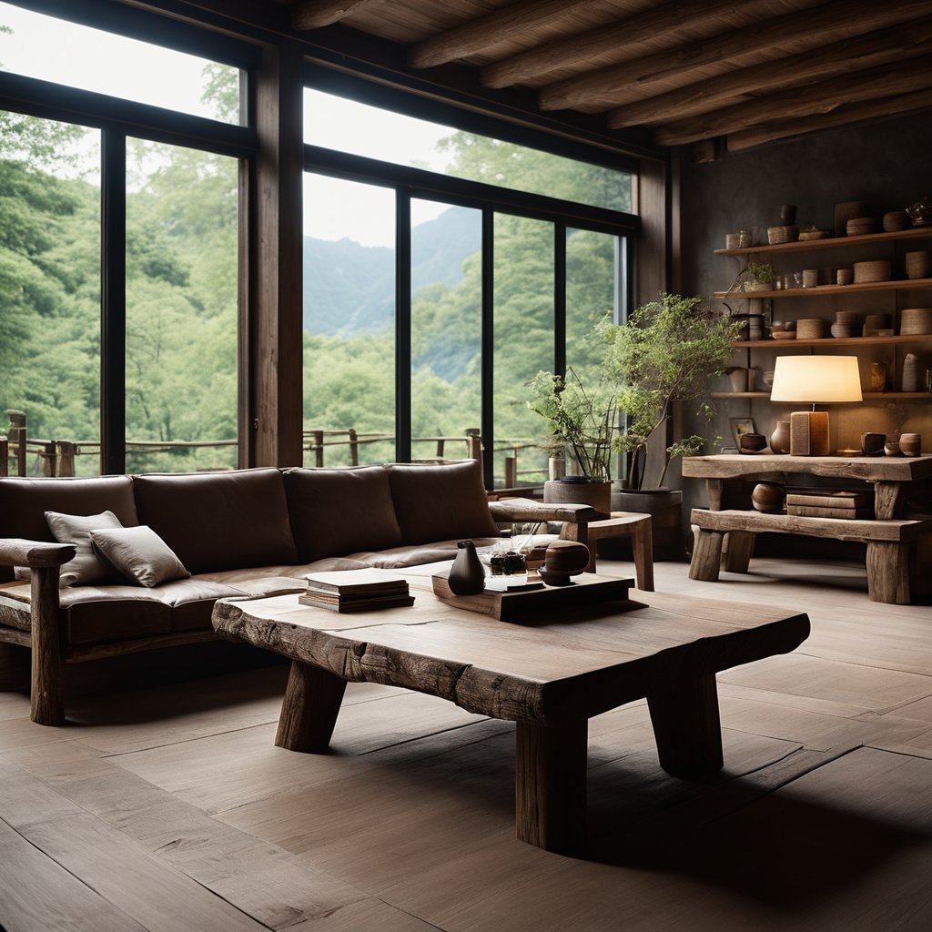 展厅,展示厅,实木家具,侘寂风,原木家具,空间美学,氛围,实木沙发-豆友i19k的文本出图-自定义创作作品