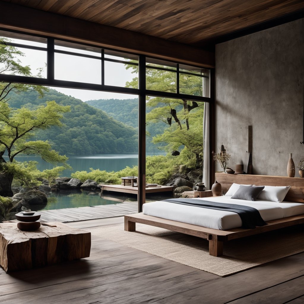 展厅,落地窗,湖景,侘寂风,原木家具,侘寂美学,老木头,胡桃色,古朴,床,,背景风格偏灰色,侘寂的那-豆友i19k的文本出图-自定义创作作品