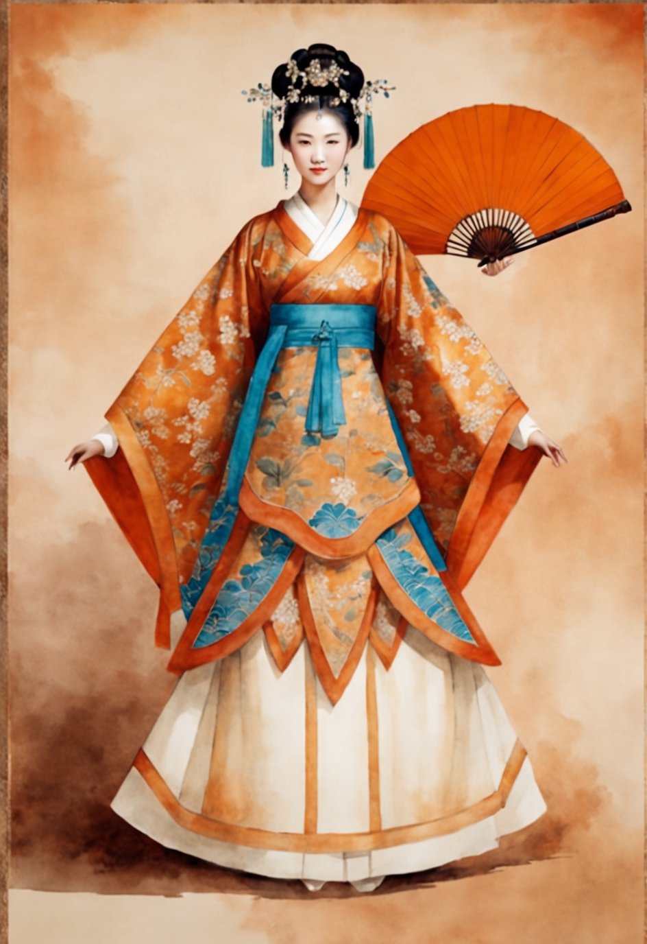 中国汉代年青女子服饰,服装整体有高贵感,面料质地华贵,服装整体橘黄色调。有头饰。-佟佳哥的以图出图-线稿渲染作品