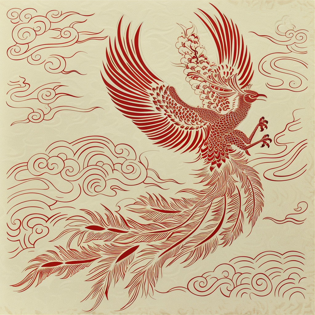 一只展翅飞翔的凤凰，拖着长长的孔雀一样的尾巴，身体上有层次丰富的羽毛，周围环绕着云朵。中国传统剪纸作-阿庸的文本出图-Midjourney模型作品